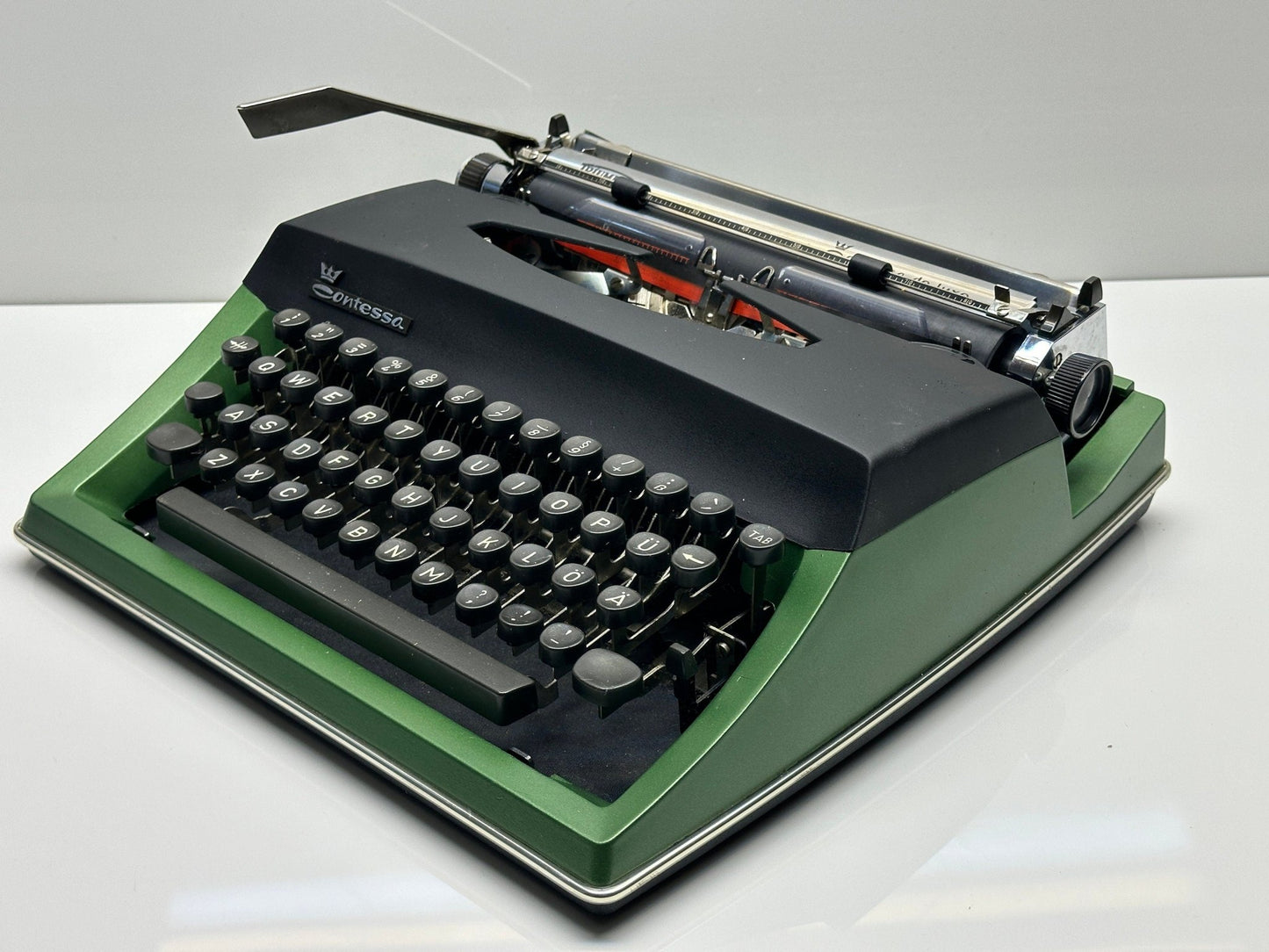 Adler Contessa Deluxe Typewriter - Black Cover and Green Body, QWERTY Option, Refurbished with Black Bag
