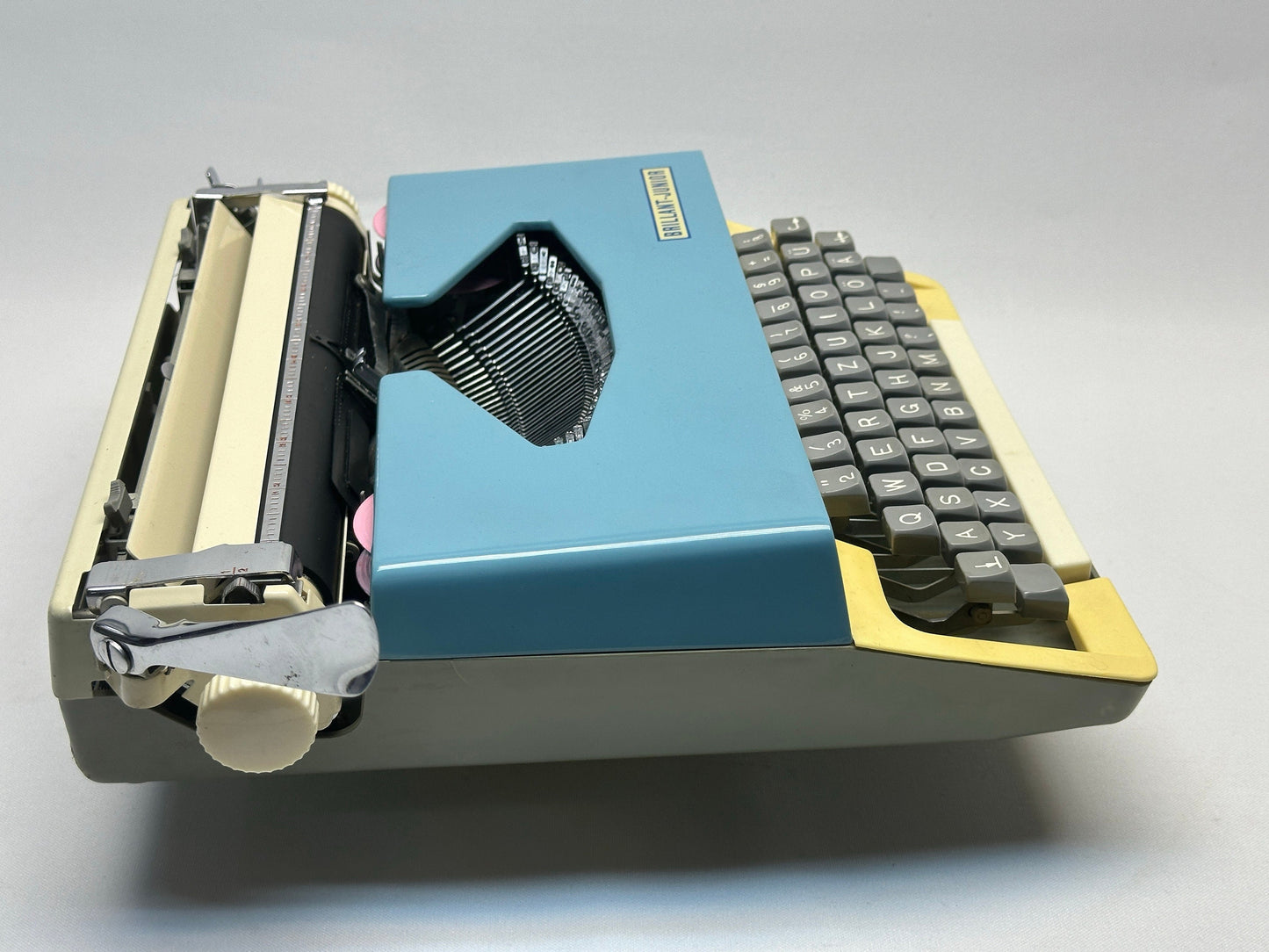 Brilliant Typewriter with Blue Cover, Yellow Accents, Pink Typewriter Ribbon, Leather Case - Antique Typewriter, Fully Functional