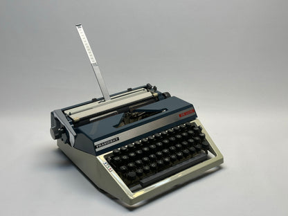 Vintage Charm! President Typewriter w/ Original Documents, Blue Cover, White Typewriter, Leather Bag, Black QWERTZ Keyboard