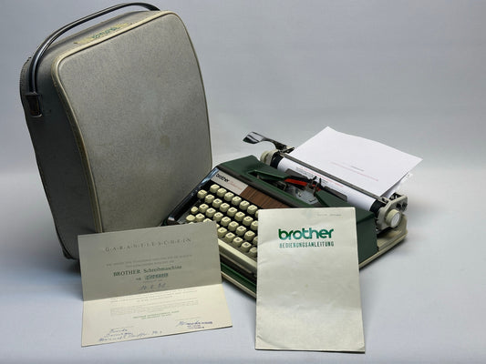 Original Documented Brother Typewriter - White Keyboard, Grey Bag, Dark Green, Antique Gift