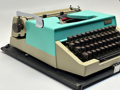 Vintage Erika Typewriter - Black Keyboard, Made in Germany, Turquoise Cover, with Wooden Carrying Case