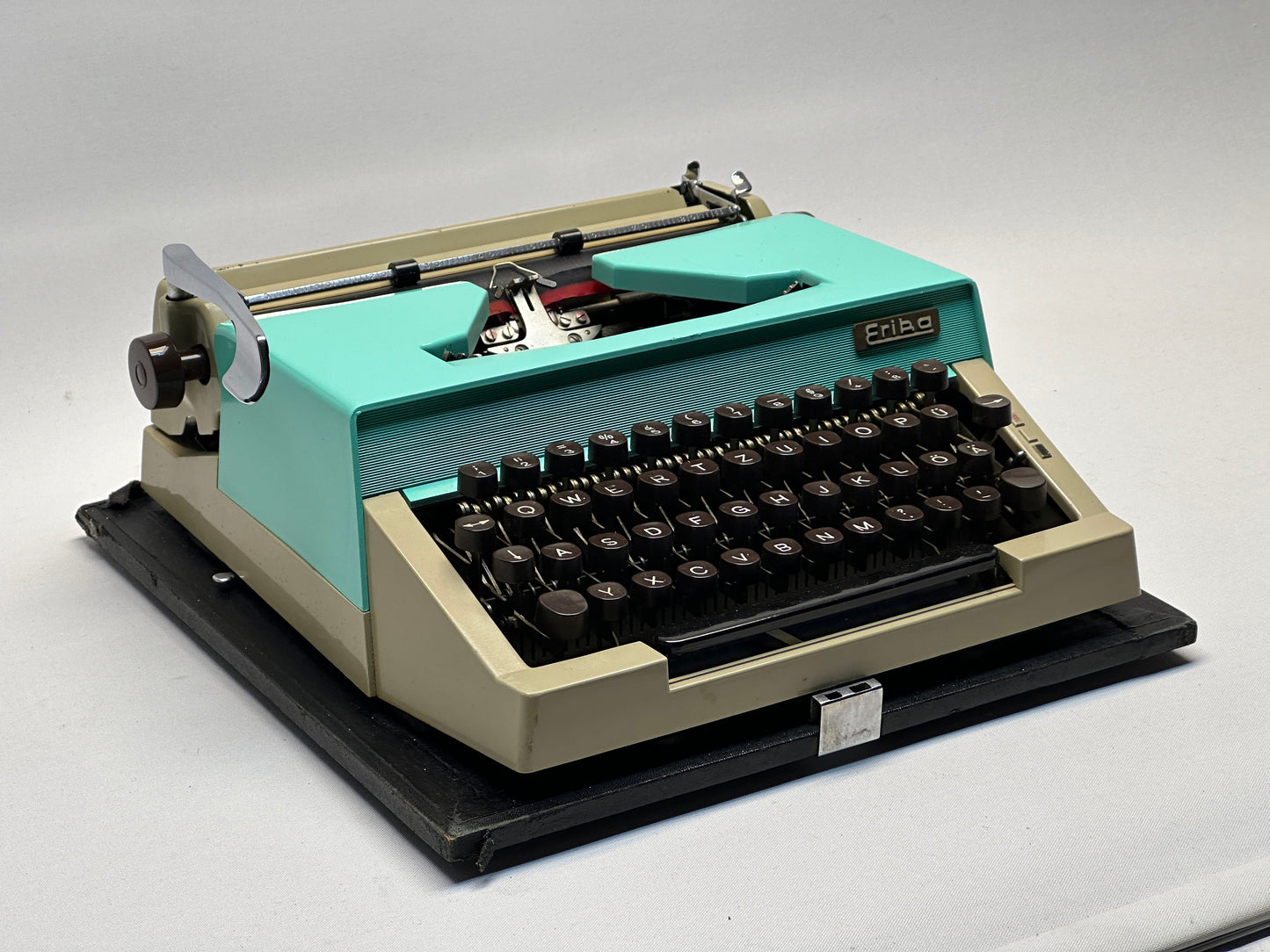 Vintage Erika Typewriter - Black Keyboard, Made in Germany, Turquoise Cover, with Wooden Carrying Case