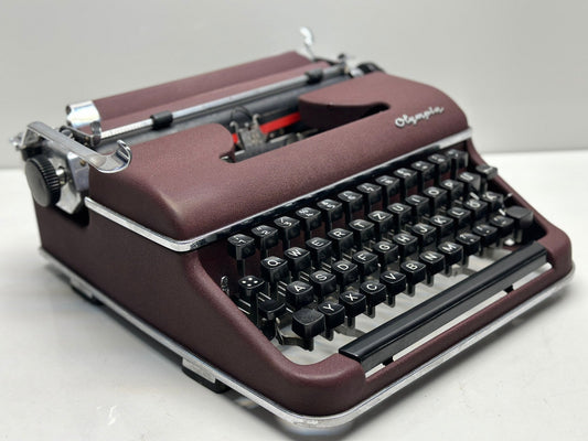 Olympia SM3 Typewriter - Bordeaux Color, Black Keys, Flawless Typing, Dual-Color Capability, Wooden Carrying Case